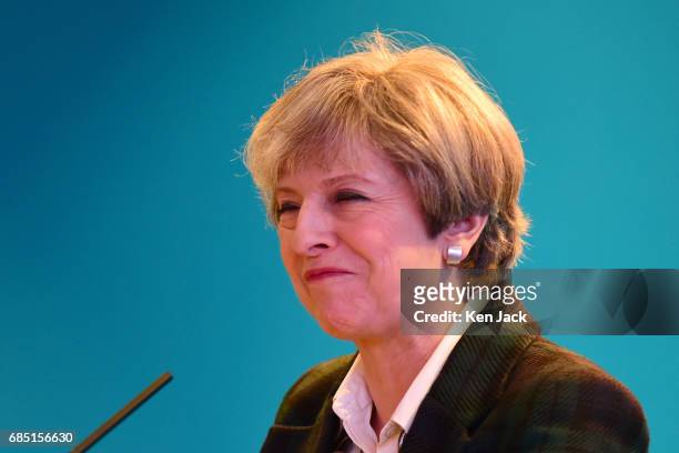 Prime Minister Theresa May speaking at the launch of the Scottish Conservative Party general election manifesto, on May 19, 2017 in Edinburgh,...
