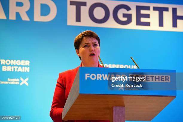 Scottish Conservative Party leader Ruth Davidson speaking at the launch of the party's general election manifesto, on May 19, 2017 in Edinburgh,...