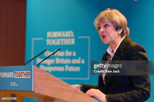 Prime Minister Theresa May speaking at the launch of the Scottish Conservative Party general election manifesto, on May 19, 2017 in Edinburgh,...