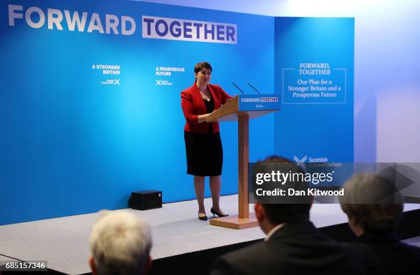 Scottish Conservative leader Ruth Davidson gives a speech as she launches the Scottish manifesto on May 19, 2017 in Edinburgh, Scotland. The Scottish...