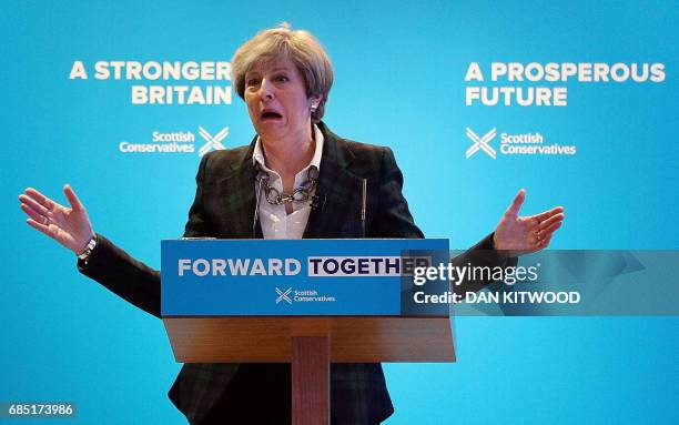 Britain's Prime Minister Theresa May speaks at the launch of the Scottish manifesto by Scottish Conservative leader Ruth Davidson in Edinburgh on May...