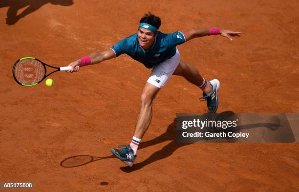 Milos Raonic of Canada plays a shot during his quarter final match against Alexander Zverev of Germany in The Internazionali BNL d'Italia 2017 at...