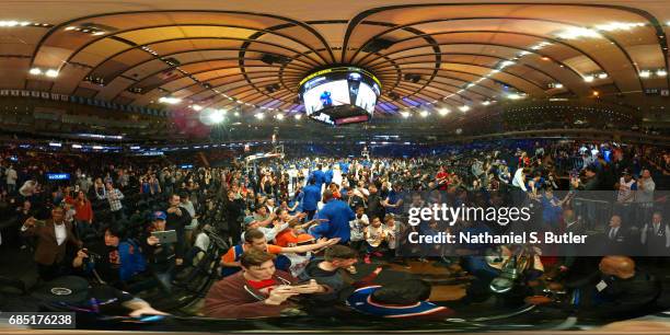 The New York Knicks runs to the court before the game against the Detroit Pistons on March 27, 2017 at Madison Square Garden in New York, New York....