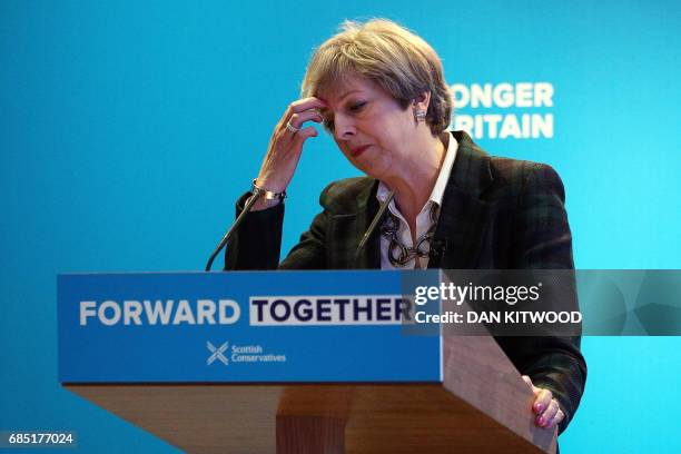 Britain's Prime Minister Theresa May speaks at the launch of the Scottish manifesto by Scottish Conservative leader Ruth Davidson in Edinburgh on May...