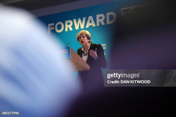 Britain's Prime Minister Theresa May speaks at the launch of the Scottish manifesto by Scottish Conservative leader Ruth Davidson in Edinburgh on May...