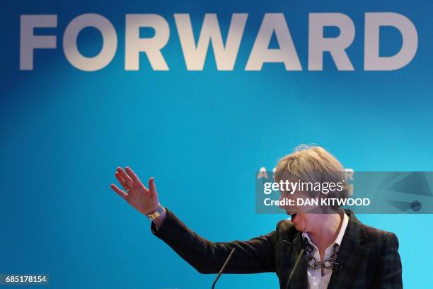 Britain's Prime Minister Theresa May speaks at the launch of the Scottish manifesto by Scottish Conservative leader Ruth Davidson in Edinburgh on May...