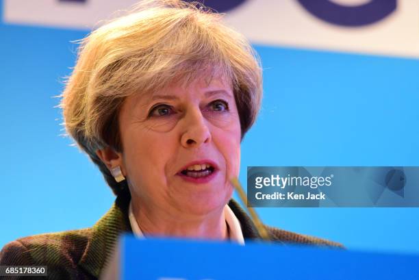 Prime Minister Theresa May speaking at the launch of the Scottish Conservative Party general election manifesto, on May 19, 2017 in Edinburgh,...