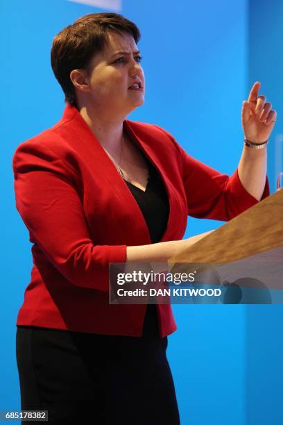 Scottish Conservative leader Ruth Davidson presents the Scottish manifesto at the launch in Edinburgh on May 19, 2017. / AFP PHOTO / POOL / Dan...