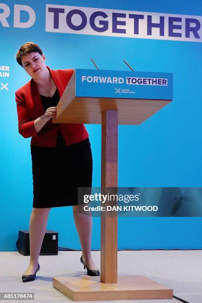 Scottish Conservative leader Ruth Davidson presents the Scottish manifesto at the launch in Edinburgh on May 19, 2017. / AFP PHOTO / POOL / Dan...