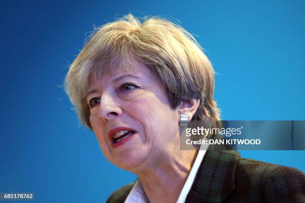 Britain's Prime Minister Theresa May speaks at the launch of the Scottish manifesto by Scottish Conservative leader Ruth Davidson in Edinburgh on May...