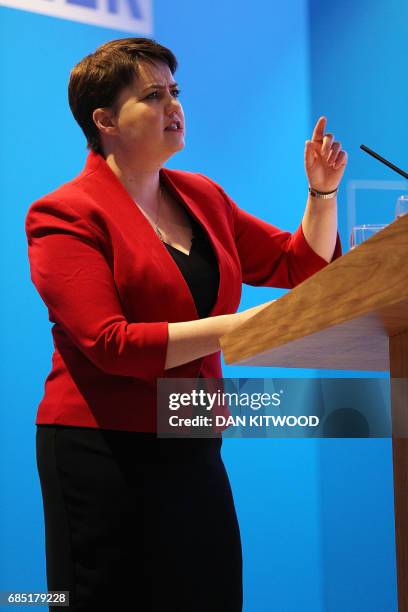 Scottish Conservative leader Ruth Davidson presents the Scottish manifesto at the launch in Edinburgh on May 19, 2017. / AFP PHOTO / POOL / Dan...