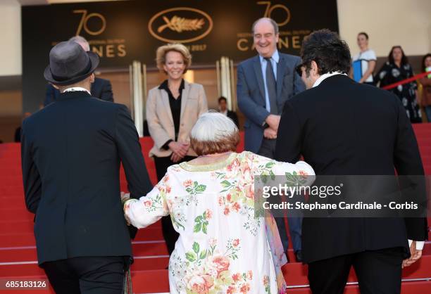 Frederique Bredin, Pierre Lescure, JR, director Agnes Varda and composer Matthieu Chedid attend the "Faces, Places " screening during the 70th annual...
