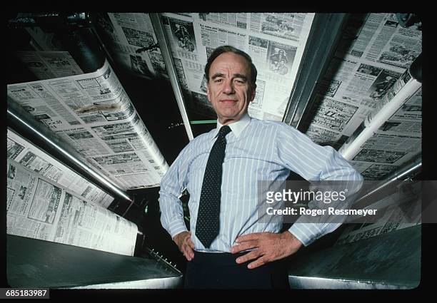 Publishing magnate Rupert Murdoch at the printing presses of the New York Post. | Location: Manahttan, New York, New York, USA.