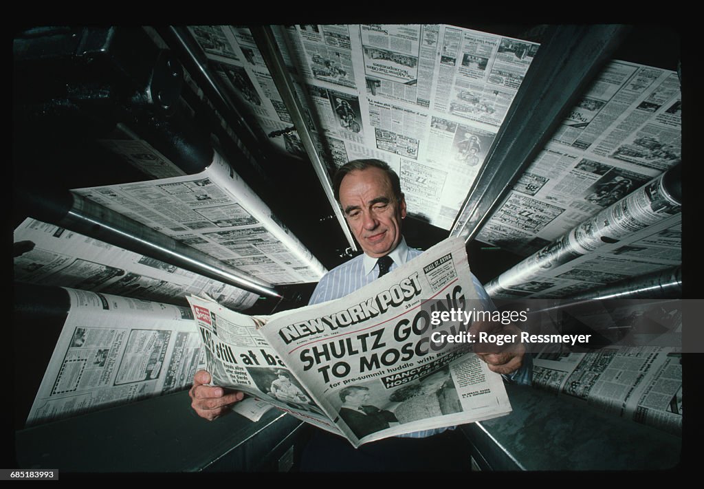 Publishing magnate Rupert Murdoch at the printing presses of the New