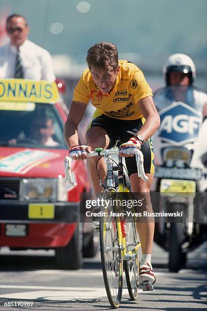 Greg Lemond from the USA at the arrival of stage 17 of the 1989 Tour de France.