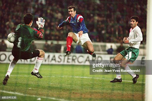 Eric Cantona scoring a goal for France during a 1994 World Cup qualifying match against Bulgaria.