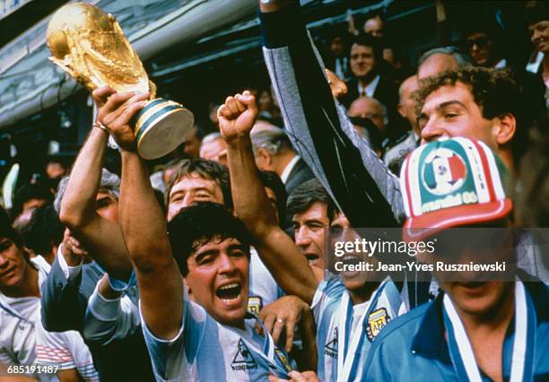 Final of the 1986 FIFA World Cup in the Azteca stadium. Argentina vs Germany. Argentina won 3-2. Diego Maradona holding the trophy.