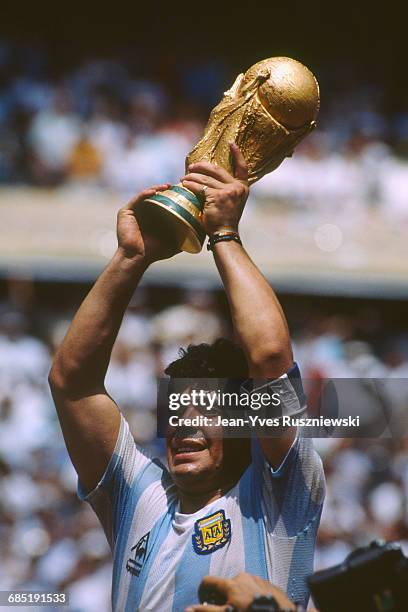 Final of the 1986 FIFA World Cup in the Azteca stadium. Argentina vs Germany. Argentina won 3-2. Diego Maradona holding the trophy.