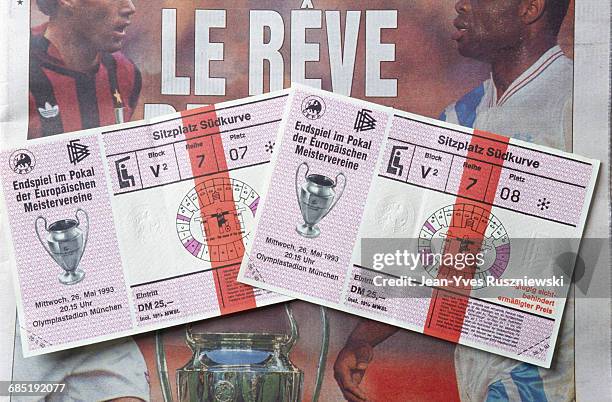 Two tickets for the final of the 1992-1993 season of the UEFA Champion Club's Cup, AC Milan vs Olympique de Marseille. Match.