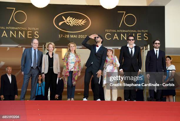 Frederique Bredin , Directors JR, Agnes Varda, composer Matthieu Chedid and members of the cast attend the "Faces, Places " screening during the 70th...