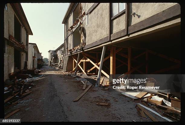 The exterior of the Northridge Meadows apartment complex. Some of the buildings collapsed in the 1994 Los Angeles quake, while one that stands is...