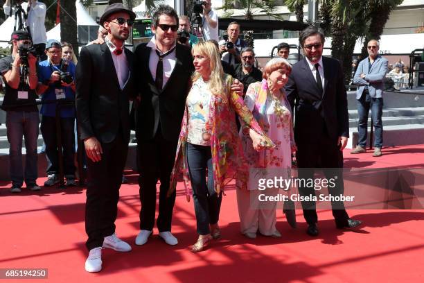 Director JR, composer Matthieu Chedid, director Agnes Varda and members of the cast pose as they attend the "Faces, Places " screening during the...