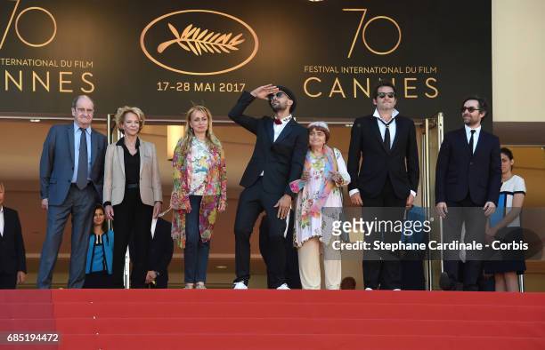 Frederique Bredin , Directors JR, Agnes Varda, composer Matthieu Chedid and members of the cast pose as they attend the "Faces, Places " screening...