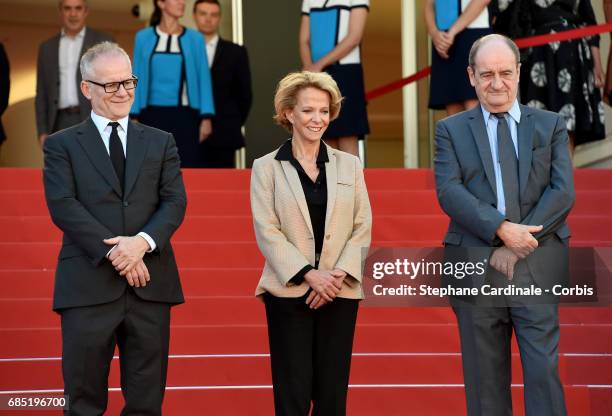 Cannes film director Thierry Fremaux, Frederique Bredin and Pierre Lescure attends the "Faces, Places " screening during the 70th annual Cannes Film...