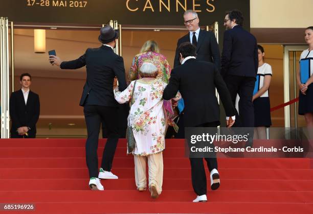 Directors JR, Agnes Varda and composer Matthieu Chedid attend the "Faces, Places " premiere during the 70th annual Cannes Film Festival at Palais des...