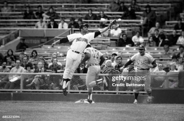 Carlos May of Chicago beats out an infield hit in 4th inning action as Cleveland 1st baseman Chris Chambliss reaches for wide throw from 3rd baseman...