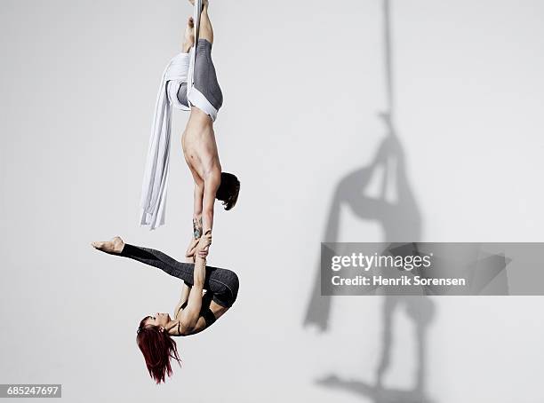 circus artists in silks - trapezista foto e immagini stock