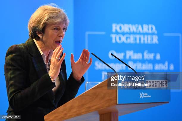 Britains's Prime Minister Theresa May gives a speech at the launch of the Scottish manifesto on May 19, 2017 in Edinburgh, Scotland. The Scottish...