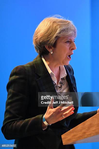 Britains's Prime Minister Theresa May gives a speech at the launch of the Scottish manifesto on May 19, 2017 in Edinburgh, Scotland. The Scottish...