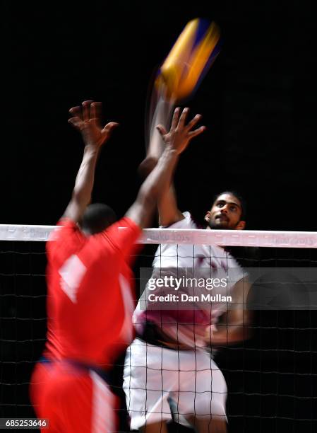 Mubarak Hammad of Qatar spikes the ball in the Mens Volleyball Group B match between Qatar and Morocco during day eight of Baku 2017 - 4th Islamic...