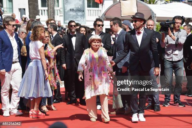 Directors JR and Agnes Varda attend the "Faces, Places " screening during the 70th annual Cannes Film Festival at Palais des Festivals on May 19,...