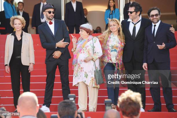 Frederique Bredin , directors JR, Agnes Varda, composer Matthieu Chedid and members of the cast attend the "Faces, Places " screening during the 70th...