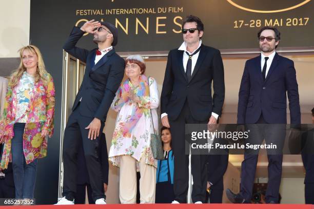 Directors JR, Agnes Varda, composer Matthieu Chedid and members of the cast attend the "Faces, Places " screening during the 70th annual Cannes Film...