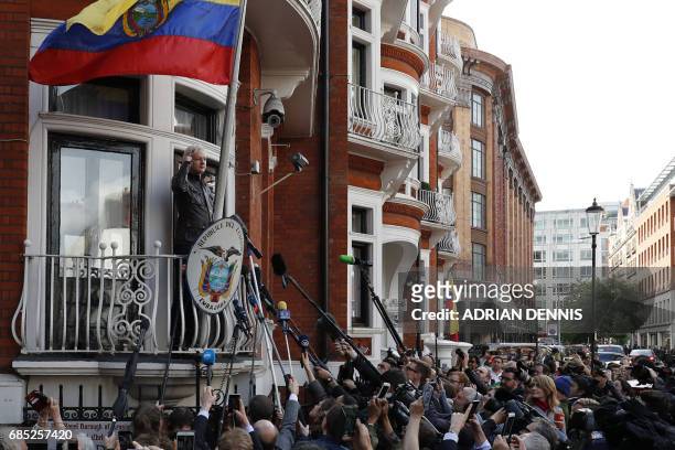 Wikileaks founder Julian Assange speaks on the balcony of the Embassy of Ecuador in London on May 19, 2017. Ecuador urged Britain today to "grant...