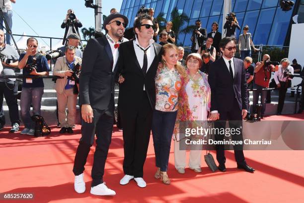 Director JR, composer Matthieu Chedid, director Agnes Varda and members of the cast attend the "Faces, Places " screening during the 70th annual...