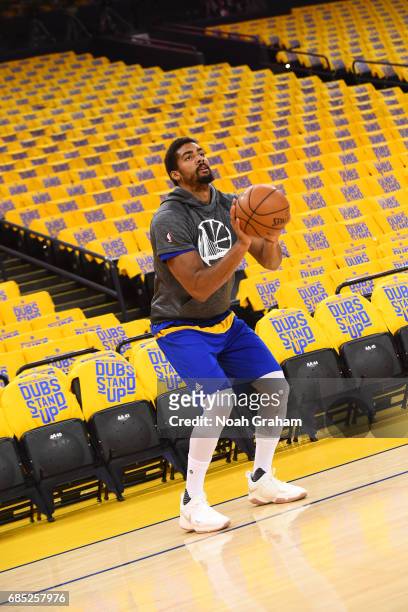 James Michael McAdoo of the Golden State Warriors warms up before Game One of the Western Conference Finals against the San Antonio Spurs during the...