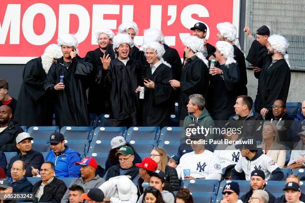 May 11: Fans of Aaron Judge of the New York Yankees stand up dressed as judges to cheer Aaron judge when he comes to bat in an MLB baseball game...