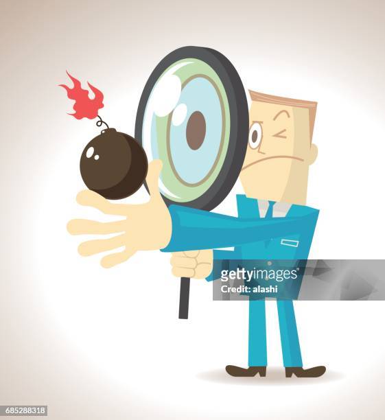 businessman (man, politician) with a magnifying glass and a bomb with no fear - flame emoji stock illustrations