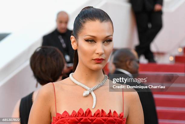 Bella Hadid attends the "Okja" screening during the 70th annual Cannes Film Festival at Palais des Festivals on May 19, 2017 in Cannes, France.