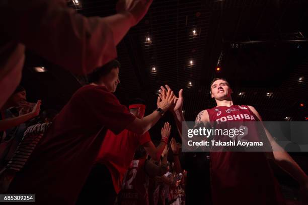 Ryan Spangler of the Kawasaki Brave Thunders and fans celebrate their teams 84-76 win after the B. League 2017 semi final match between Toshiba...