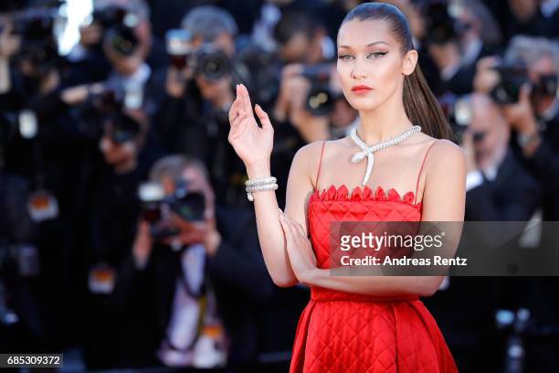 Bella Hadid attends the "Okja" screening during the 70th annual Cannes Film Festival at Palais des Festivals on May 19, 2017 in Cannes, France.