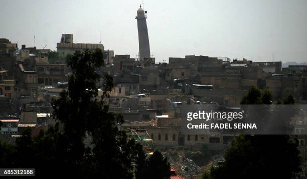 General view shows a leaning minaret in Mosul, on May 19, 2017. / "The erroneous mention[s] appearing in the metadata of this photo by FADEL SENNA...