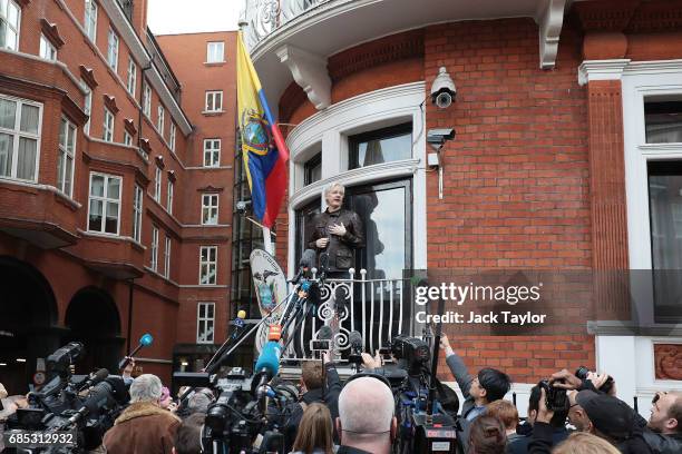 Julian Assange speaks to the media from the balcony of the Embassy Of Ecuador on May 19, 2017 in London, England. Julian Assange, founder of the...