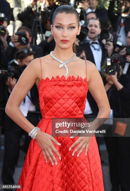 Bella Hadid attends the "Okja" screening during the 70th annual Cannes Film Festival at Palais des Festivals on May 19, 2017 in Cannes, France.