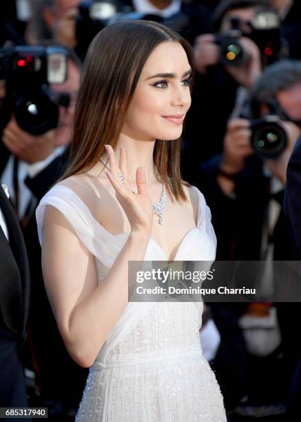 Actress Lily Collins attends the "Okja" screening during the 70th annual Cannes Film Festival at Palais des Festivals on May 19, 2017 in Cannes,...