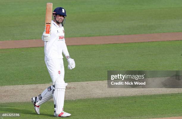 Alistair Cook of Essx celebrates scoring a century during the Essex v Hampshire - Specsavers County Championship: Division One cricket match at the...